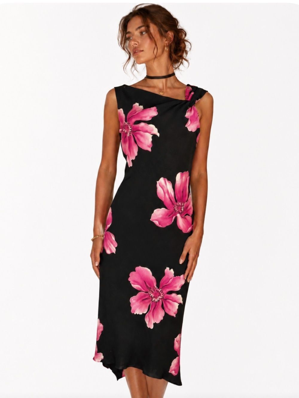 VINTAGE 90's Y2K Romantic Black Midi Dress with Pink Floral Accents